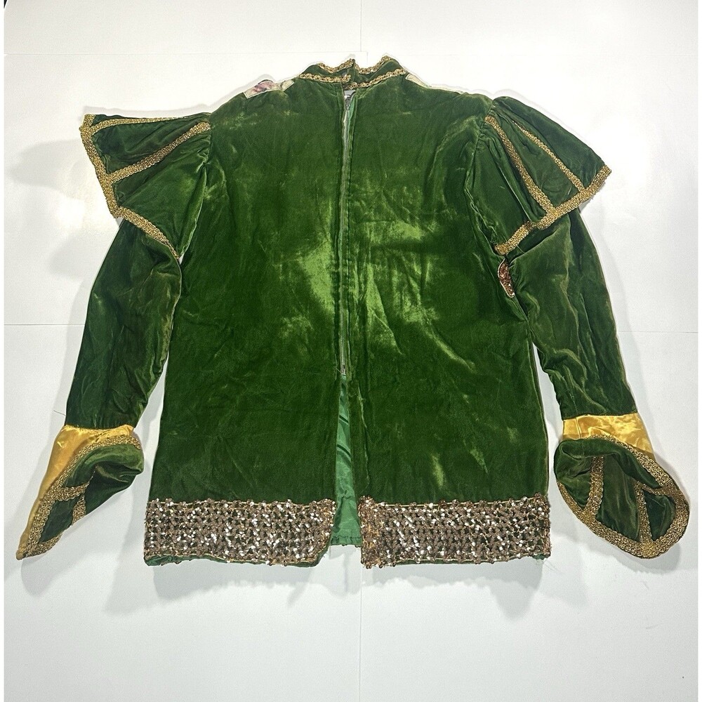 Vintage Mardi Gras Jester Doublet Coat Top Green Velvet Gold Sequin Fleur de Lis